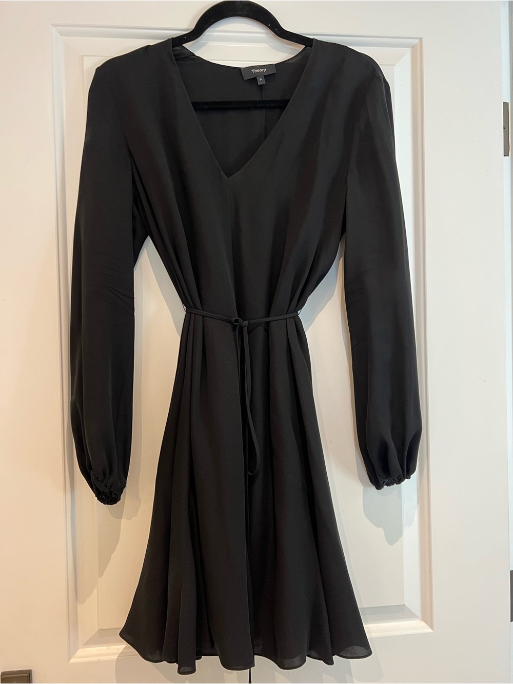Theory Black Long-Sleeve V-Neck Tie-Waist Mini Dress
